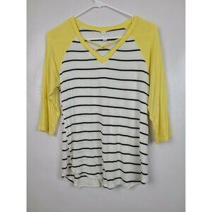 Flamingo Urban Womens White Yellow Criss Cross V-Neck Raglan T-Shirt Size Small